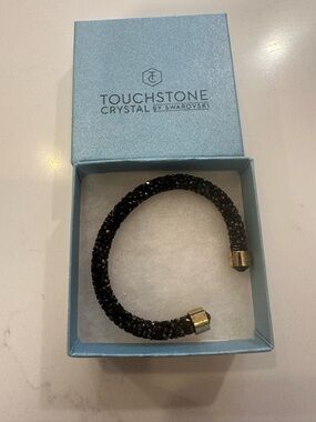 Touchstone Crystal Black and Purple Crystal Open Cuff with Gold-Tone Caps